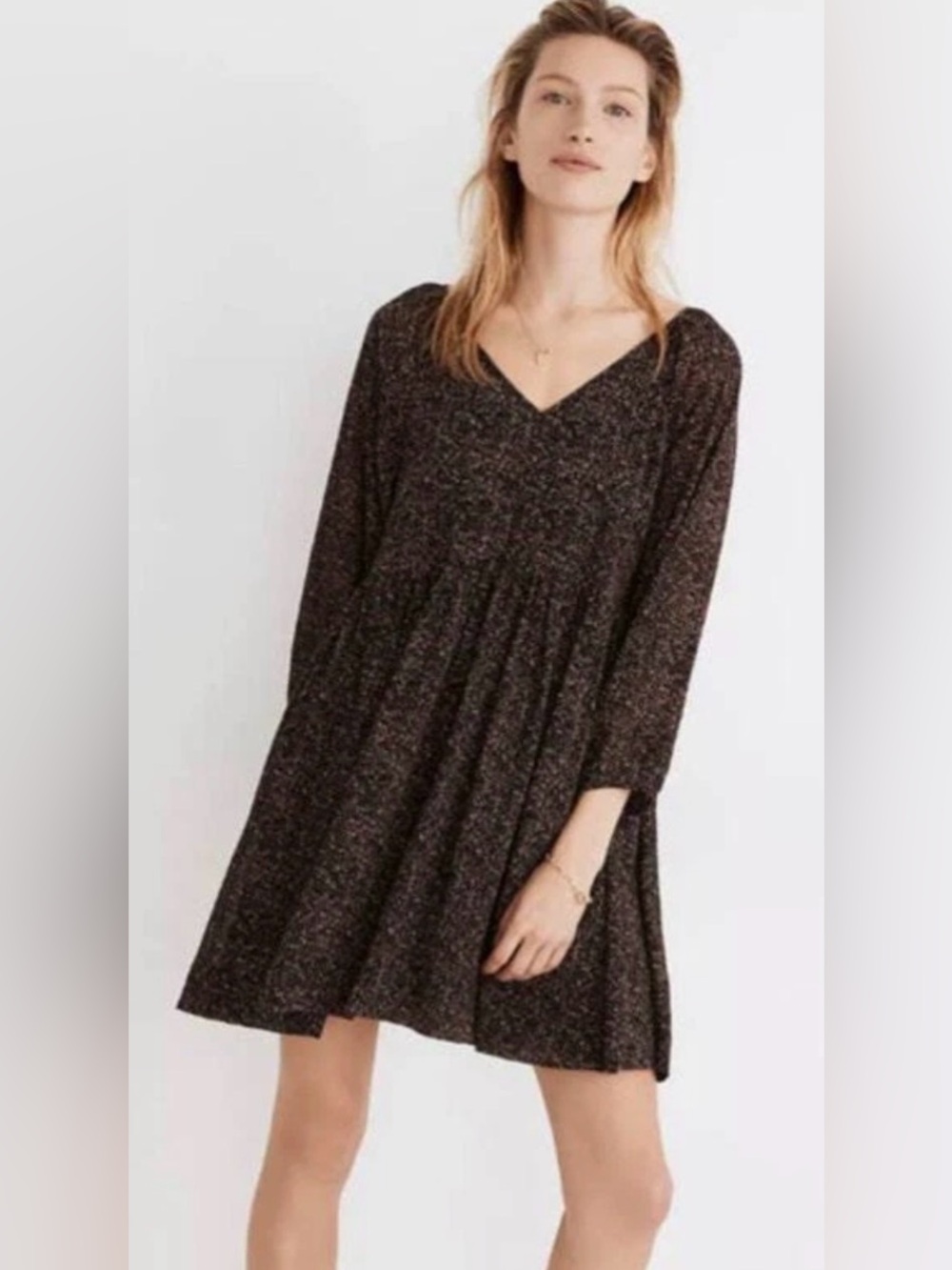 Madewell Crinkle Georgette V-Neck Babydoll Dress Brushed Texture Black Size M